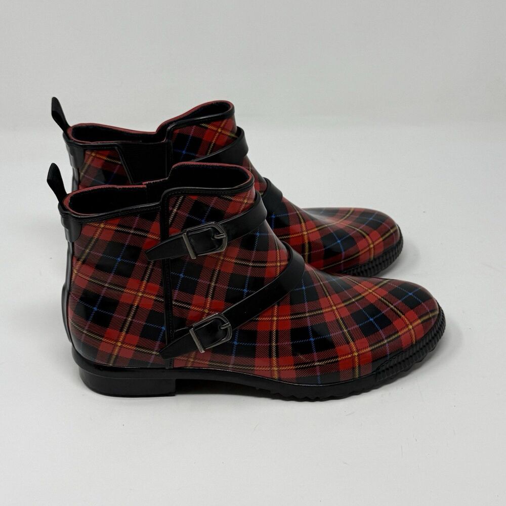 Cougar Royale Rubber Boots Womens 8 Red Black Tartan Plaid Rain Ankle Bootie - Picture 3 of 15
